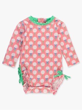 RuffleButts Tee Time Long Sleeve One Piece Rash Guard Swimsuit 3-6 mo pink golf